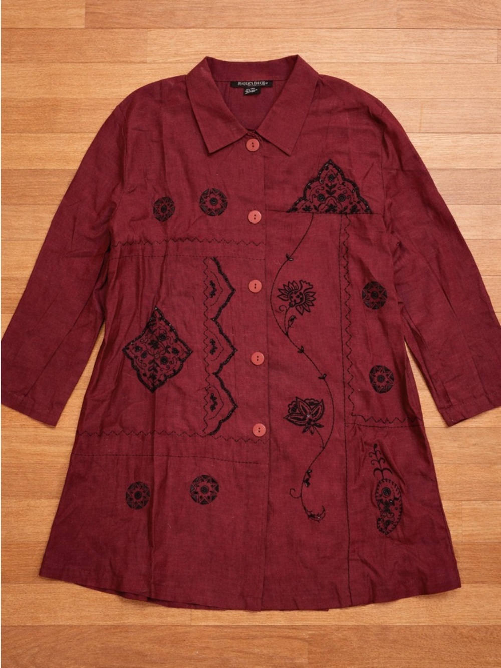Women's Burgundy Embroidered Button-Front Tunic Jacket